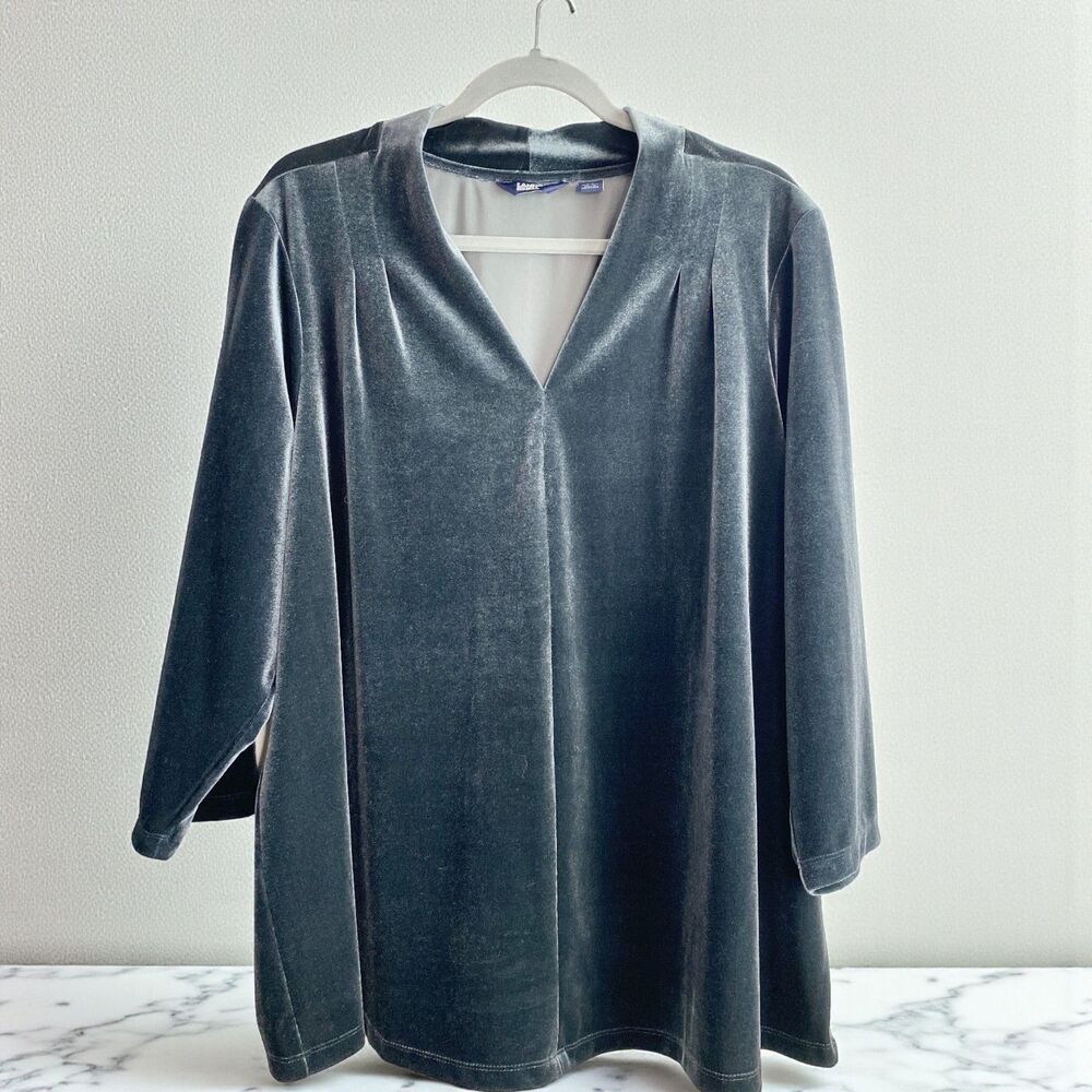 Lands' End 2X Plus Velour Top Gray V-Neck 3/4 Sleeve Soft Casual Fall Winter